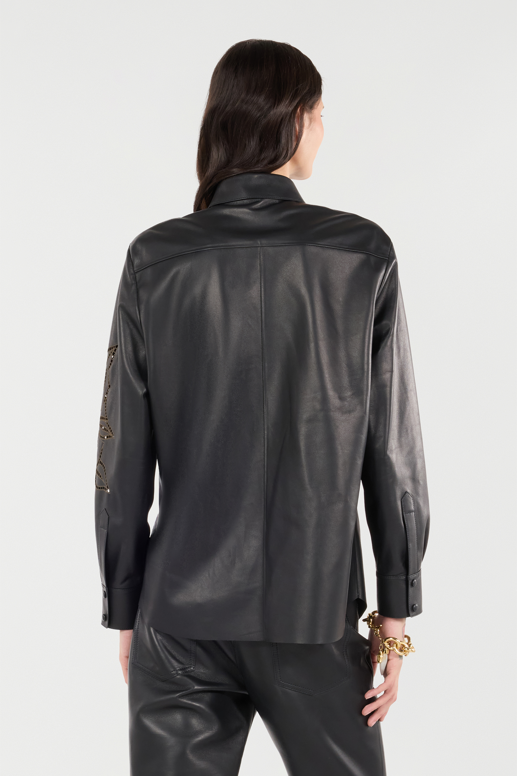 Shop Roberto Cavalli Lederhemd Mit Perforierten Rosen In Black