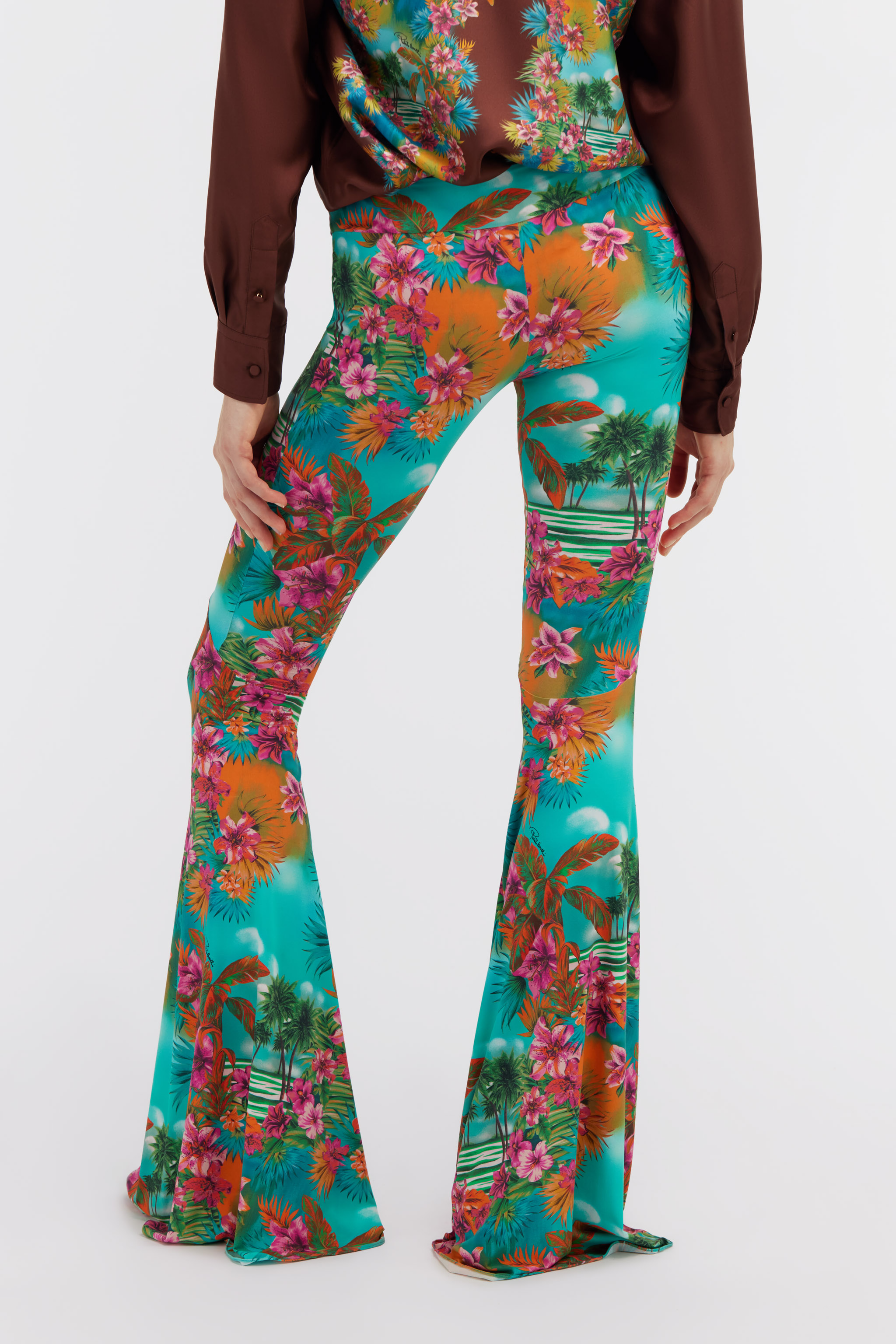 Shop Roberto Cavalli Flared Hawaii Print Trousers In Light Blue
