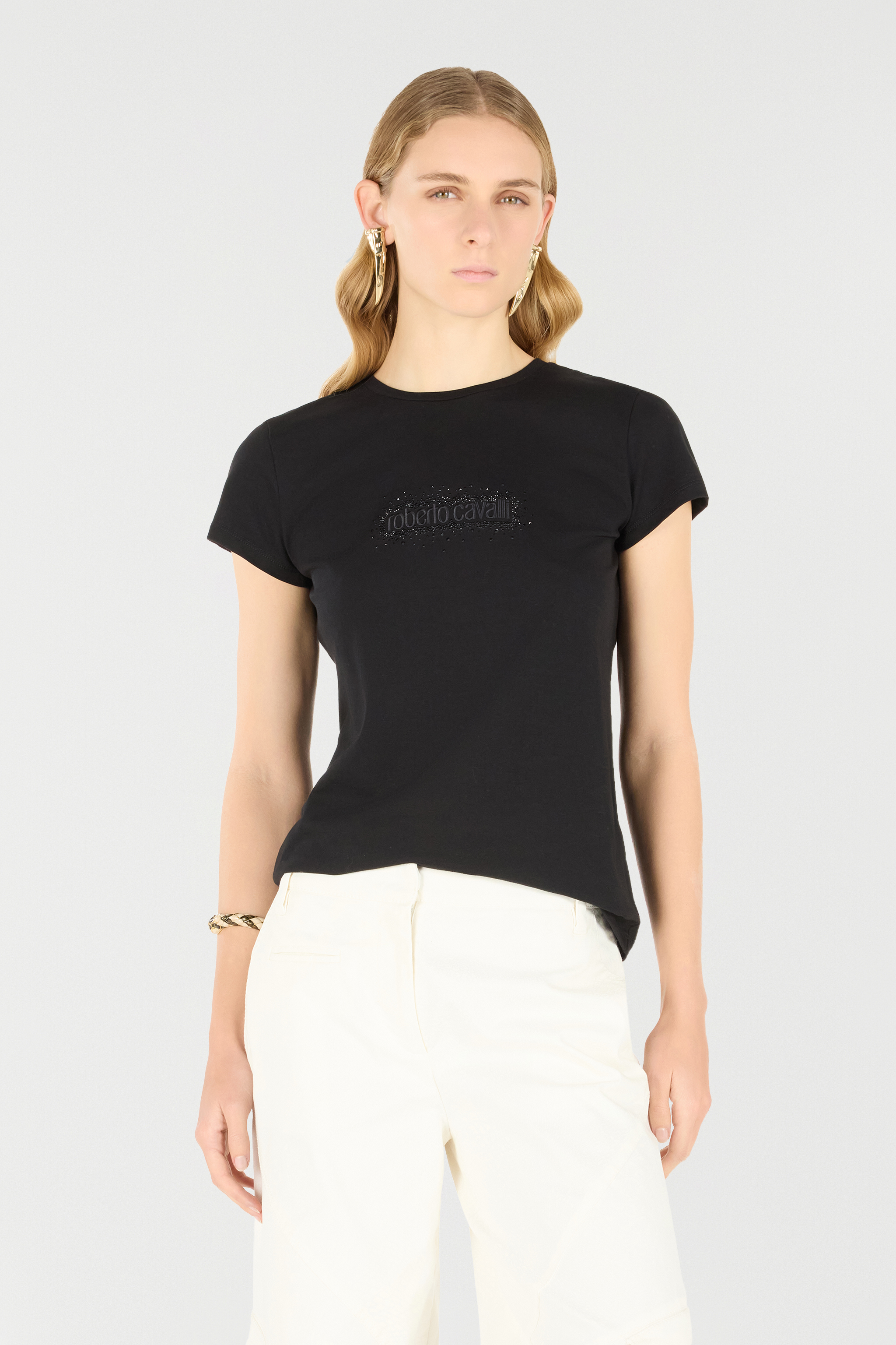Shop Roberto Cavalli T-shirt Mit Logo Und Strass In Black