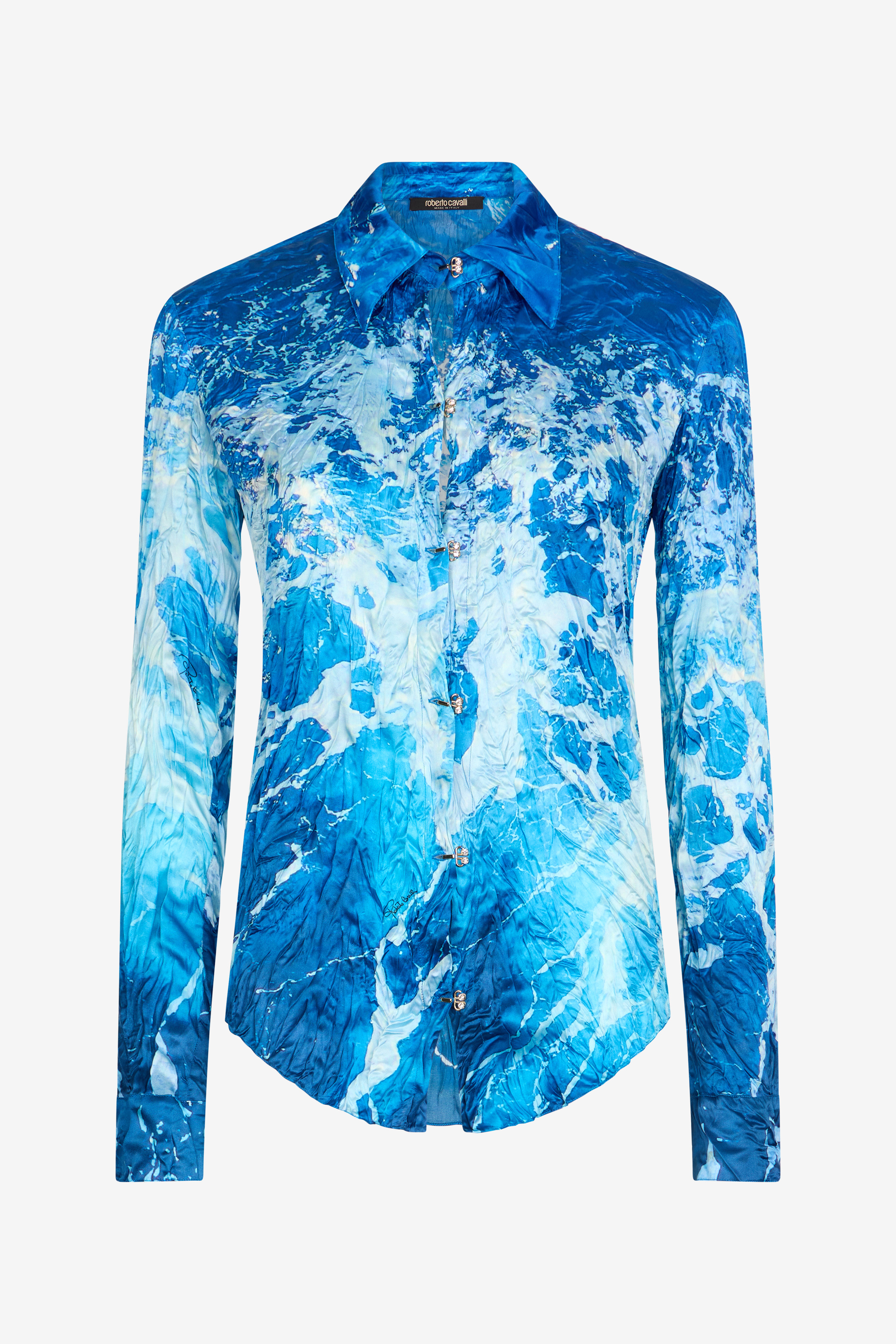 Roberto Cavalli Sicily Ocean-print Crinkle Silk Blouse In Blue