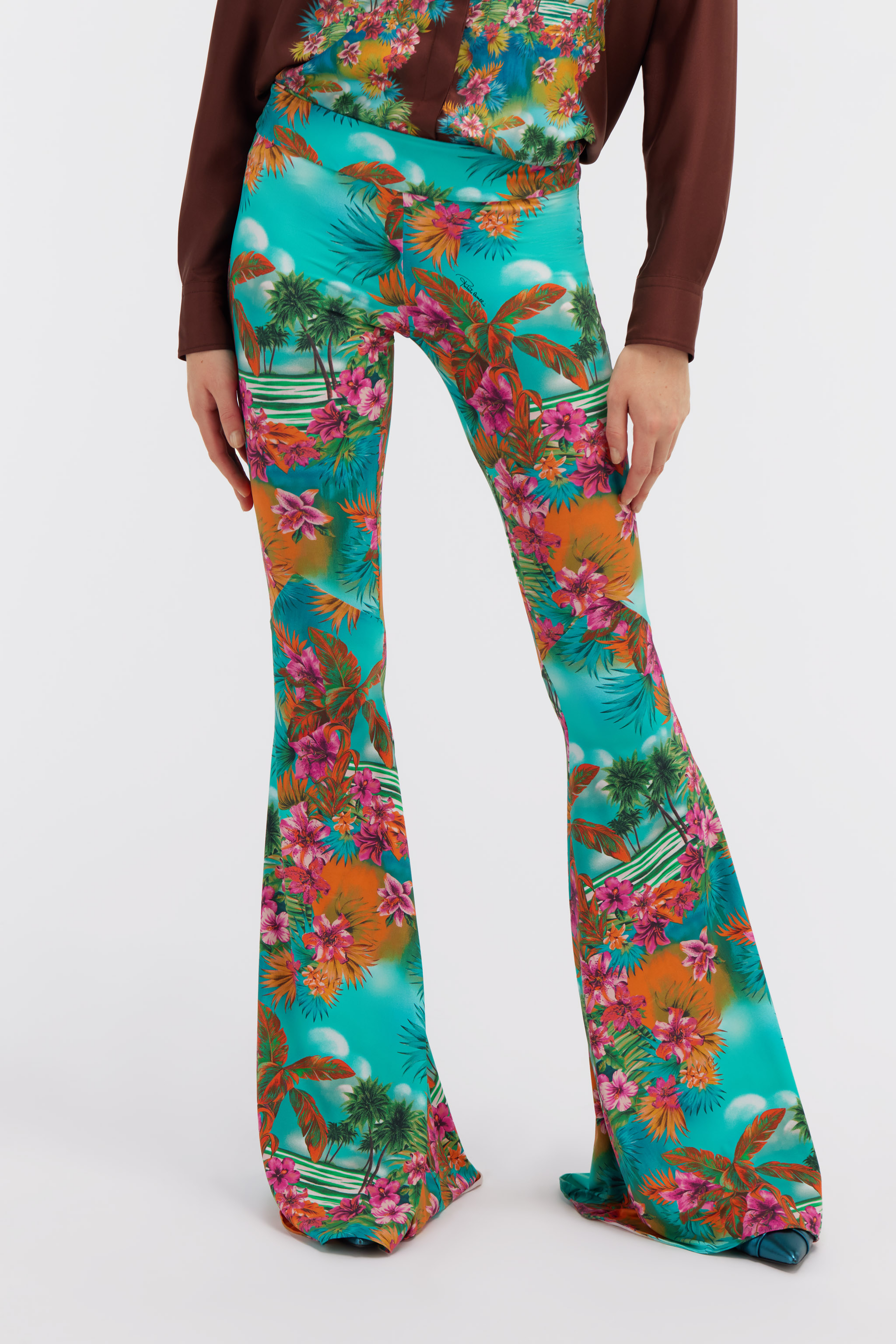 Shop Roberto Cavalli Flared Hawaii Print Trousers In Light Blue